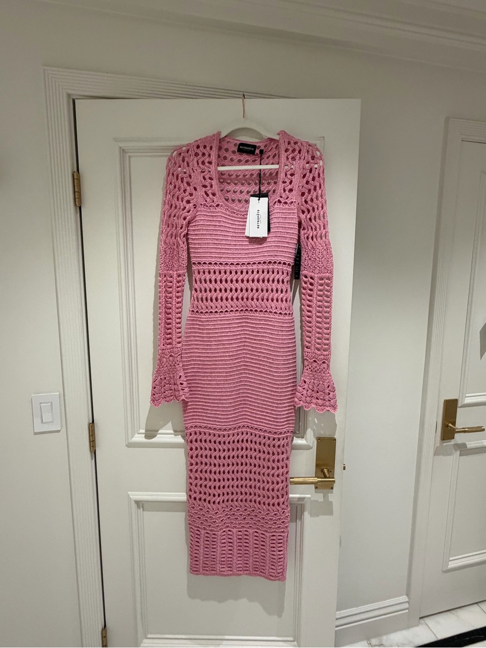 Retrofete Pink Crochet Knit Long-Sleeve Midi Dress size small stretchy